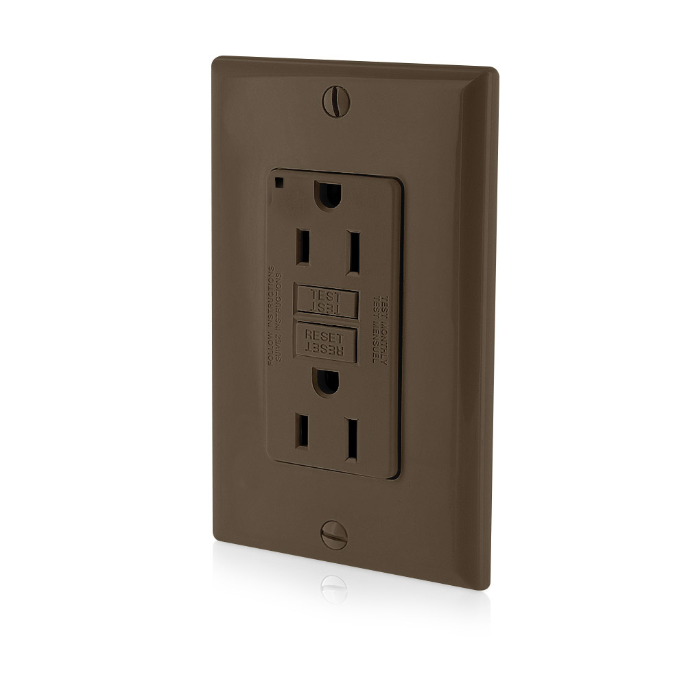 GFNT1 SmartlockPro Slim Feed Through Monochromatic Non-Tamper Resistant Self-Test Standard Duplex GFCI Receptacle With LED Indicator, 125 V AC, 15 A, 2 Poles, 3 Wires, Brown