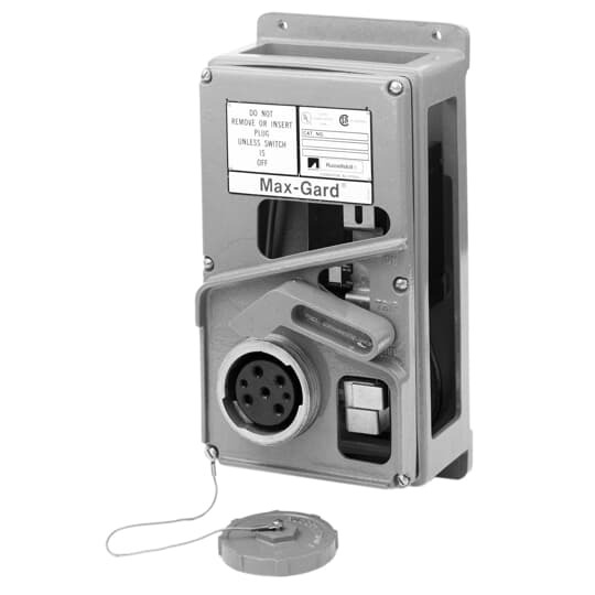 DBRS111610000 Russellstoll MaxGard Interlocked Receptacle With Circuit Breaker, 120 VAC, 100 A, 2 Poles, 3 Wires
