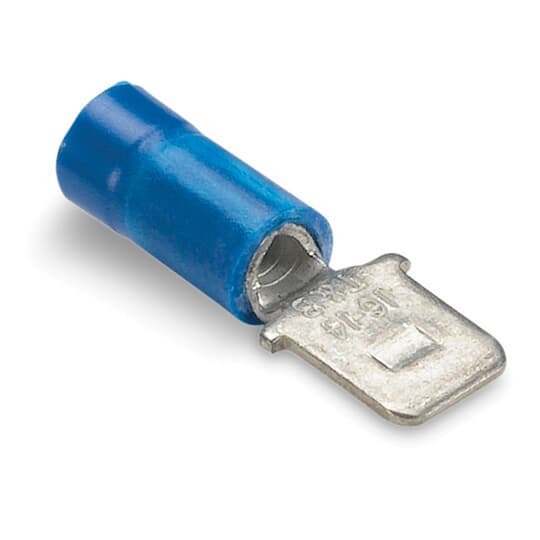 14RB-250T Sta-Kon 250 Insulated Male Tab, 16 to 14 AWG Conductor, 0.25 in W x 0.032 in THK Tab, Brazed Seam Barrel, Brass/Copper, Blue