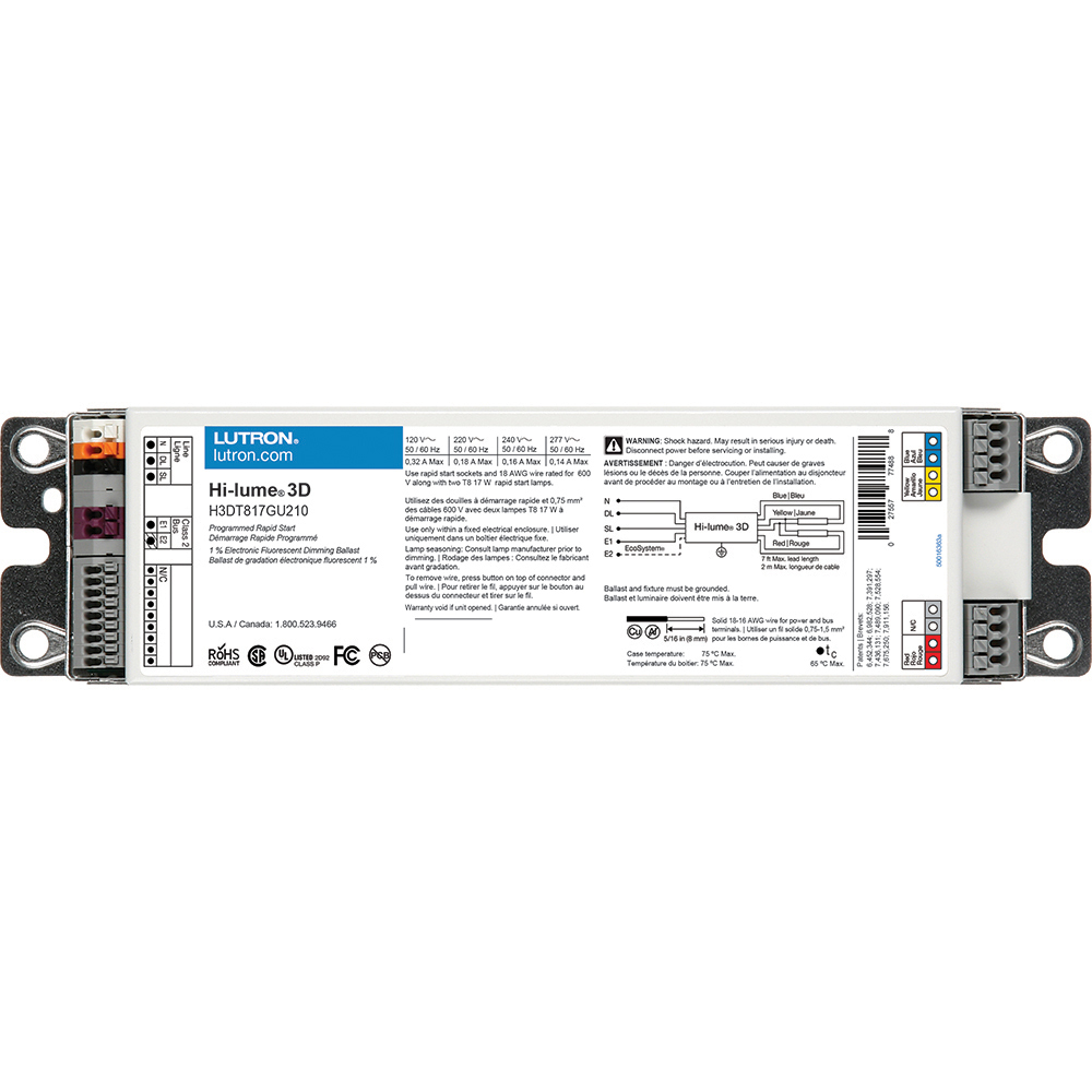 H3DT817GU210 Hi-Lume 3D 3-Wire G-Type Case Architectural Style Universal Dimming Ballast, T8 Lamp, 17 W Lamp, 120/240/277 VAC, Programmed/Rapid, 1 Ballast Factor
