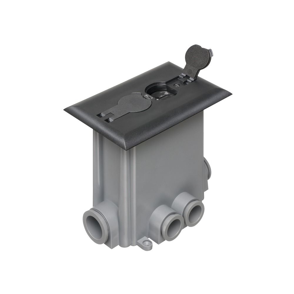 FLBCF101BL Adjustable Non-Metallic Floor Box With (2) Flip Lids, Plastic, 1 Gangs, 2 Outlets, 6.022 in L x 4.152 in W x 6.199 in H