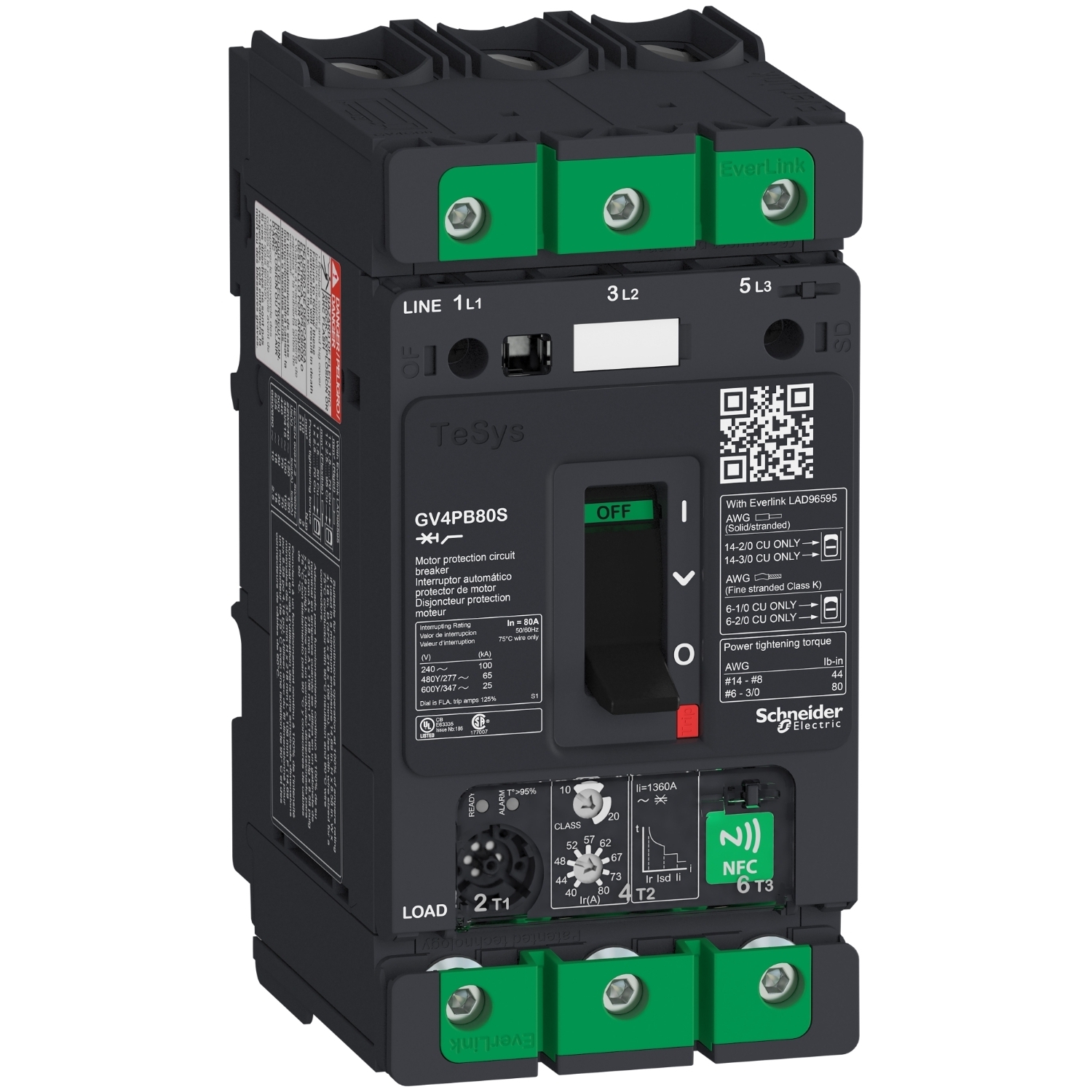 GV4PB80S TeSys Multi-Function Motor Circuit Breaker, 690 V AC, 80 A, 100 kA Interrupt, 3 Poles, Thermal Magnetic Trip
