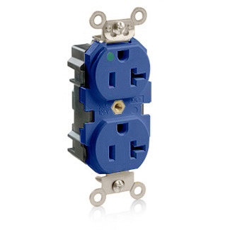 MT830-B Lev-Lok Duplex Heavy Duty Self-Grounding Tamper Resistant Straight Blade Receptacle, 125 V AC, 20 A, 2 Poles, 3 Wires, Blue