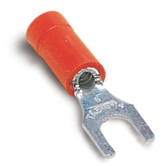 18RA-10F Sta-Kon RA Series Insulated Fork Terminal, 22 to 16 AWG Conductor, 0.97 in L, Brazed Seam/Serrated Barrel, Copper, Red