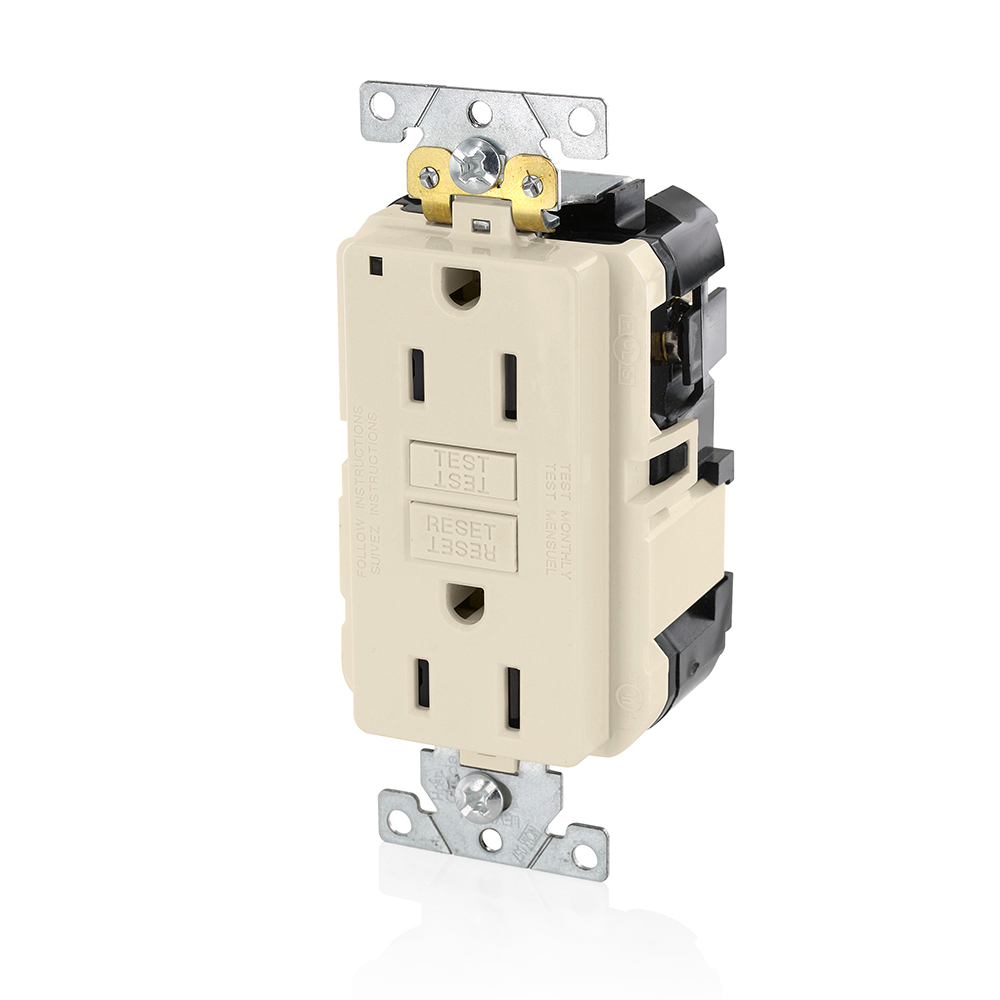 MGFN1-T SmartlockPro Slim Duplex Feed Through Self-Test GFCI Receptacle, 125 V AC, 15 A, 2 Poles, 3 Wires, Light Almond
