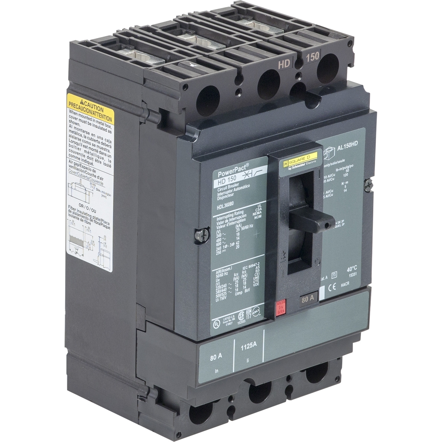 HDL36125C I-Line PowerPact H Type HDL Molded Case Circuit Breaker, 600 VAC, 250 VDC, 125 A, 18/14/20/25 kA Interrupt, 3 Poles, Thermal Magnetic Trip