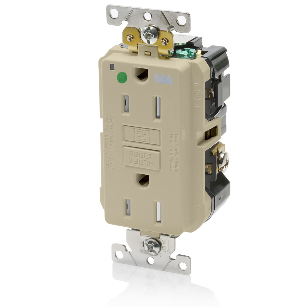 GFWT1-HGI SmartlockPro Slim Duplex Feed Through Self-Test Tamper/Weather Resistant GFCI Receptacle, 125 V AC, 15 A, 2 Poles, 3 Wires, Ivory