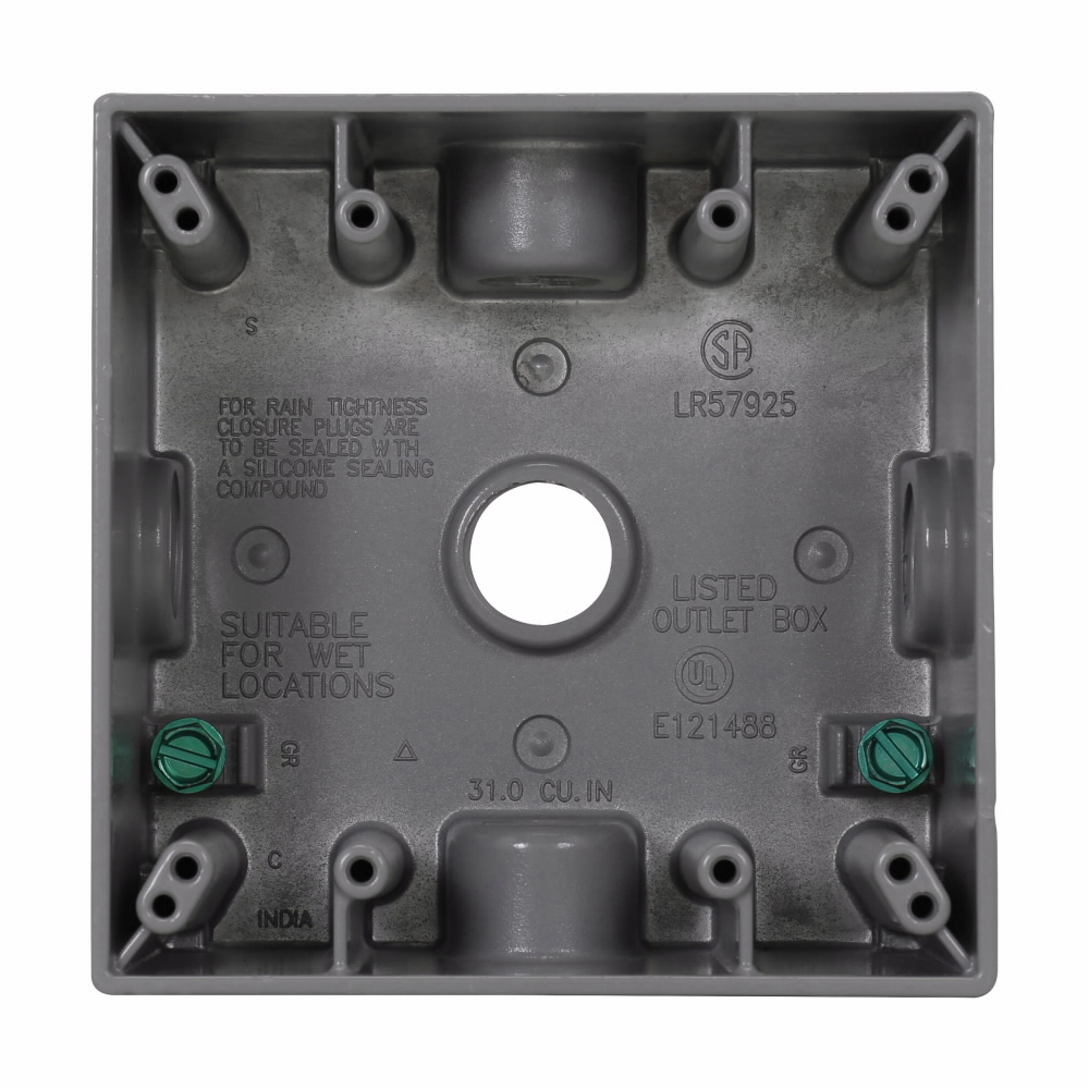 TP7118 Corrosion-Resistant Weatherproof Outlet Box, Die-Cast Aluminum, 30.5 cu-in Capacity, 2 Gangs, 5 Outlets, 4-5/8 in W x 2 in D x 4-9/16 in H
