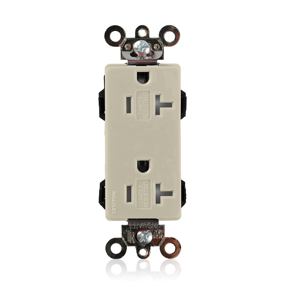 MT163-I Decora Plus Lev-Lok 1-Phase Duplex Extra Heavy Duty Self-Grounding Tamper Resistant Straight Blade Receptacle, 125 V AC, 20 A, 2 Poles, 3 Wires, Ivory