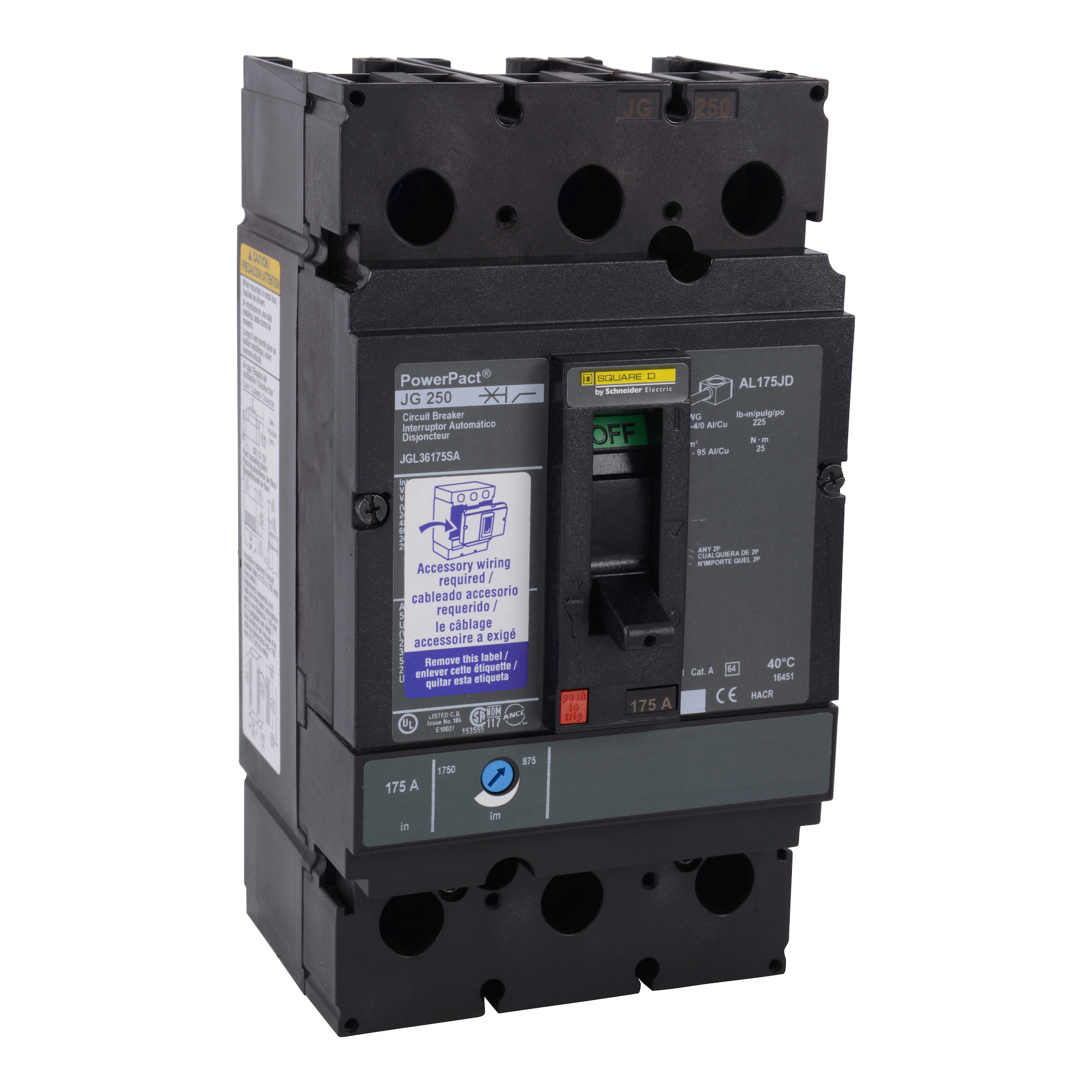 JGL36250SA PowerPact 80% Rated J Molded Case Circuit Breaker, 600 VAC, 500 VDC, 250 A, 18/20/35/65 kA Interrupt, 3 Poles, Thermal Magnetic Trip