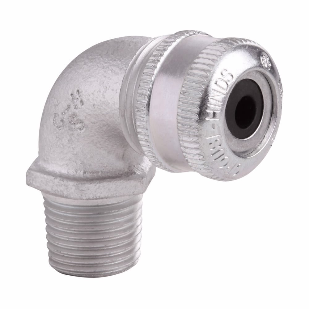 CGE293 90 deg Flexible Cable Gland Connector, 3/4 in Trade, 1/4 to 3/8 in Cable Openings, Feraloy Iron Alloy, Aluminum Acrylic Painted/Electro-Galvanized