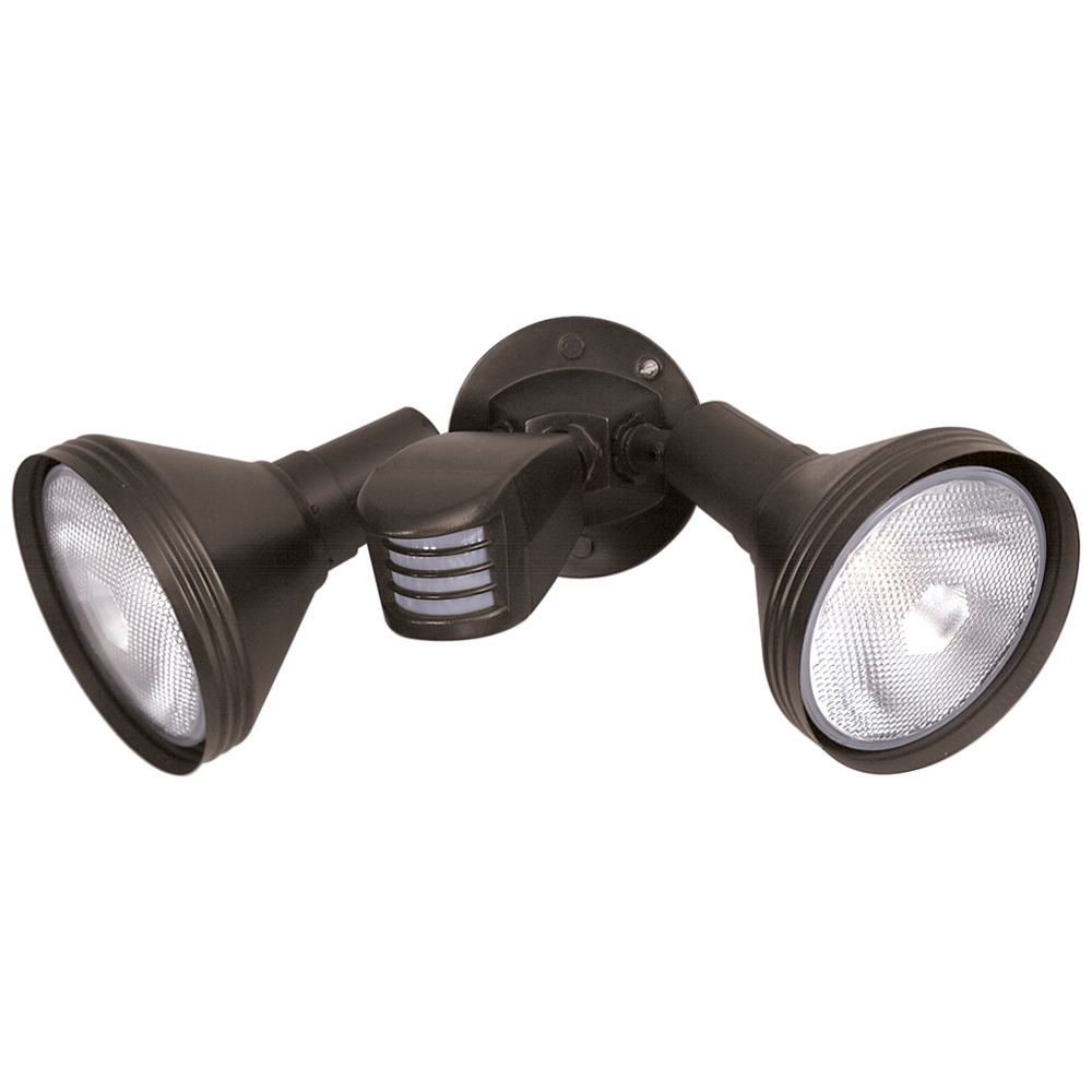 76-531 Exterior Traditional Utility Floodlight Fixture With Adjustable Swivel and Motion Sensor, (2) Halogen Lamp, 150 W Fixture, 120 VAC, Black Housing