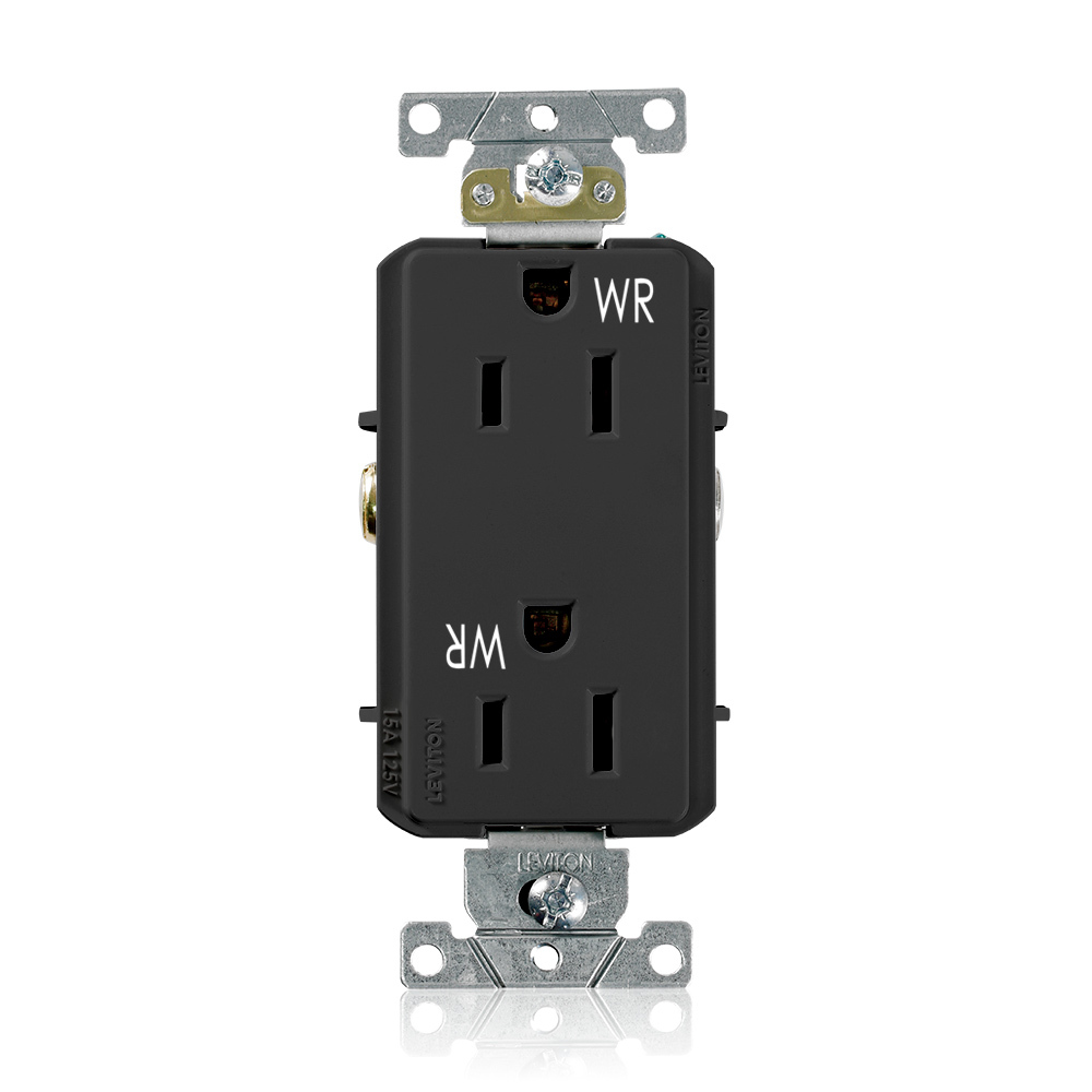 WDR15-E Decora Plus Duplex Heavy Duty Self-Grounding Smooth Face Weather-Resistant Straight Blade Receptacle, 125 V AC, 15 A, 2 Poles, 3 Wires, Black