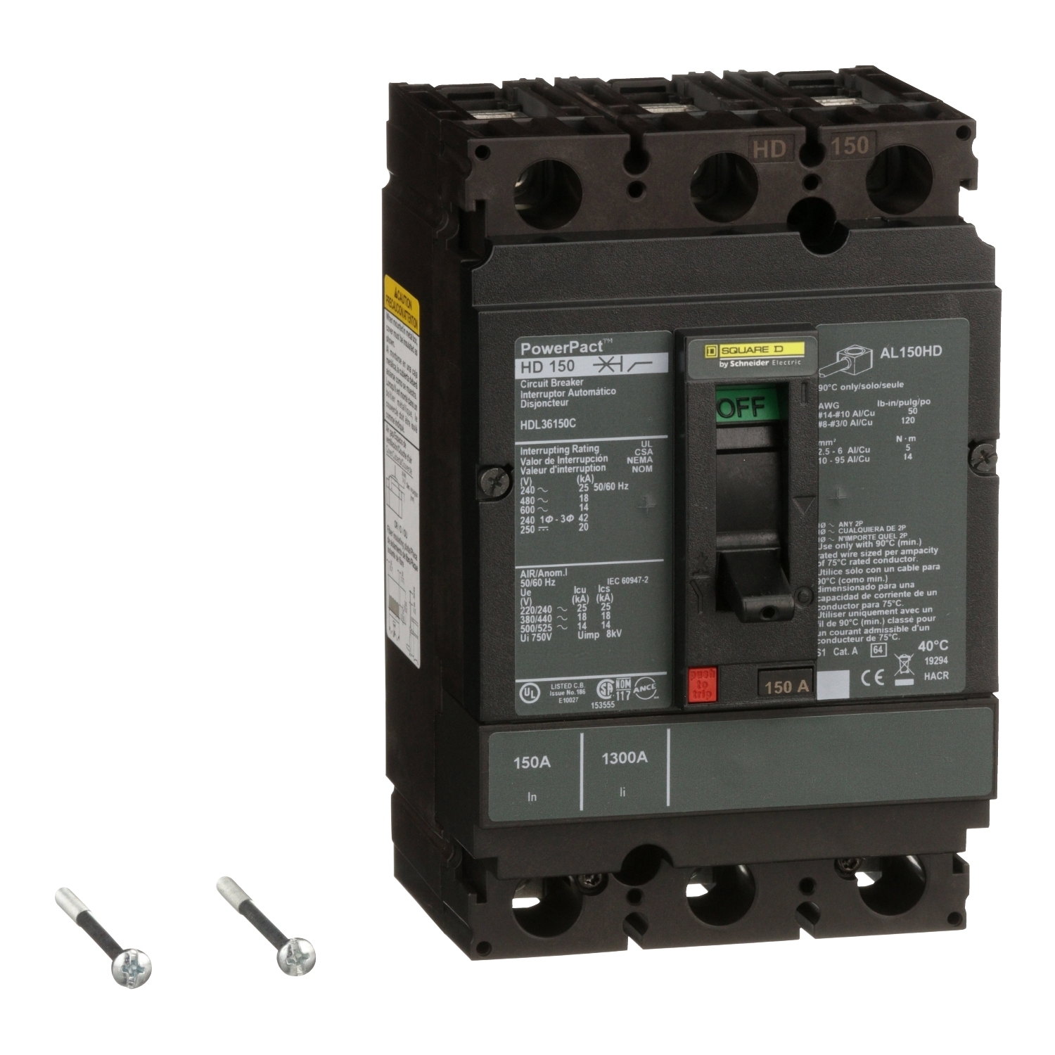 HDL36150C I-Line PowerPact 100% Rated Type HDL Molded Case Circuit Breaker, 600 V AC/250 V DC, 150 A, 18 kA at 480 VAC/25 kA at 240 VAC/14 kA at 600 VAC/20 kA at 250 VDC/250 VDC/600 VAC Interrupt, 3 Poles, Thermal Magnetic Trip