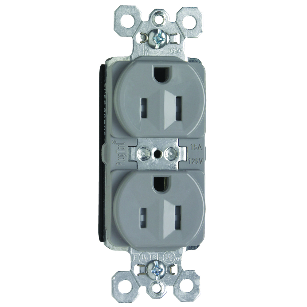 PTTR5262GRY PlugTail 15 Amp 125V Spec-Grade Duplex Receptacle, Gray