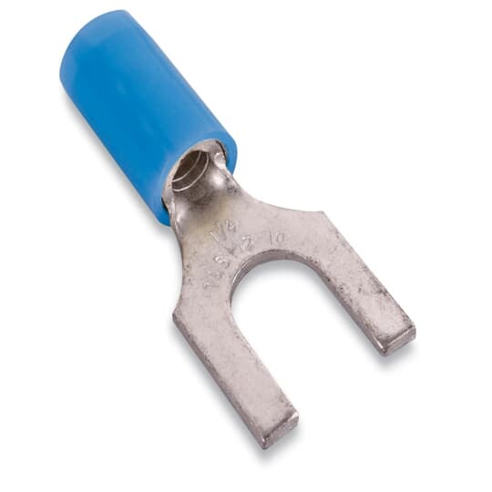 RB14-10F Sta-Kon RB Series Insulated Fork Terminal, 18 to 14 AWG Conductor, 0.87 in L, Brazed Seam/Serrated Barrel, Copper, Blue