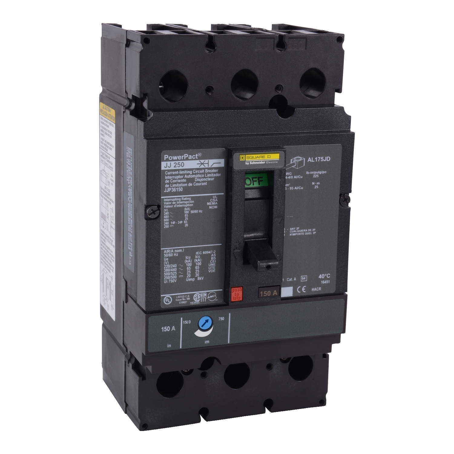 JJP36225 PowerPact Type JJP Molded Case Circuit Breaker, 600 VAC, 250 VDC, 225 A, 20/25/65/100 kA Interrupt, 3 Poles, Thermal Magnetic Trip