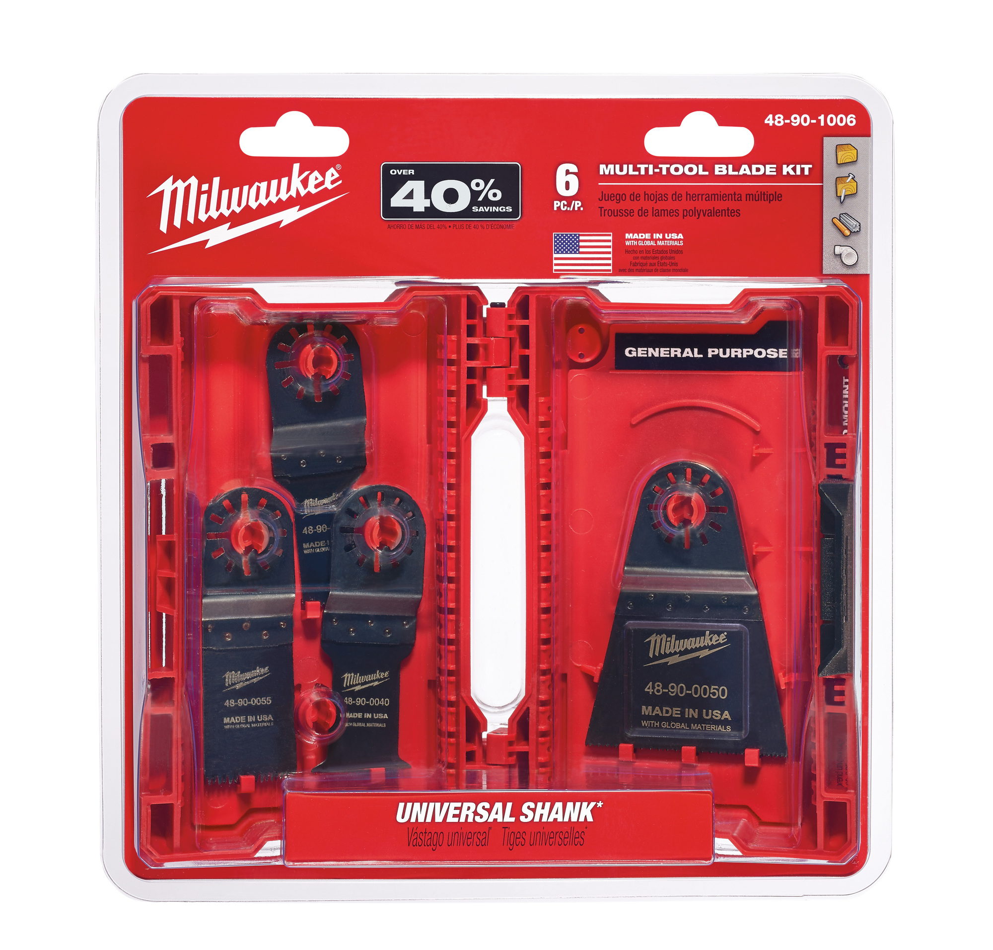 48-90-1006 Multi-Tool Blade Kit With Universal Shank, For Use With Milwaukee, Bosch (Non-Starlock), SKIL, Makita, Craftsman, Fein (Non-Starlock), Ridgid, AEG, Ozito and Ryobi Professional Grade Oscillating Multi-Tool