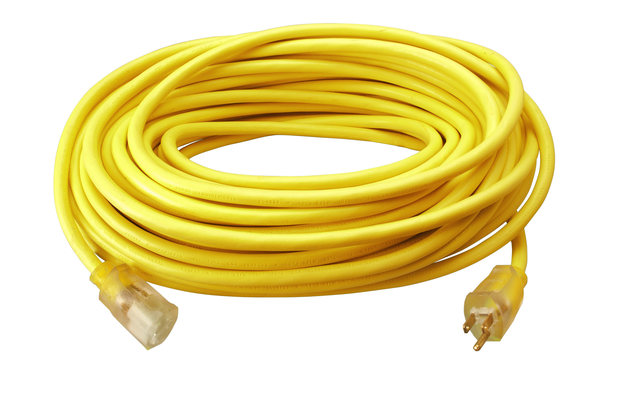 100ft SJTW Outdoor Extension Cord with Light Ends, 12/3, Yellow