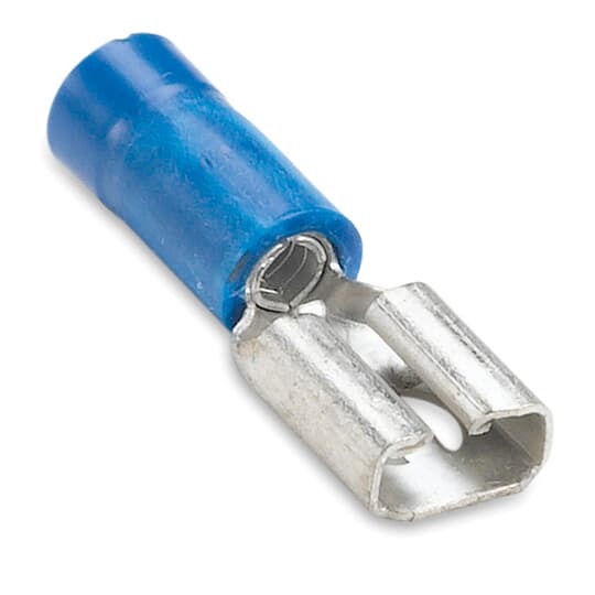 14RB-250F Sta-Kon Female Disconnect, 16 to 14 AWG Conductor, 0.25 in W x 0.032 in THK Tab, Brazed Seam Barrel, Brass, Blue, Insulated
