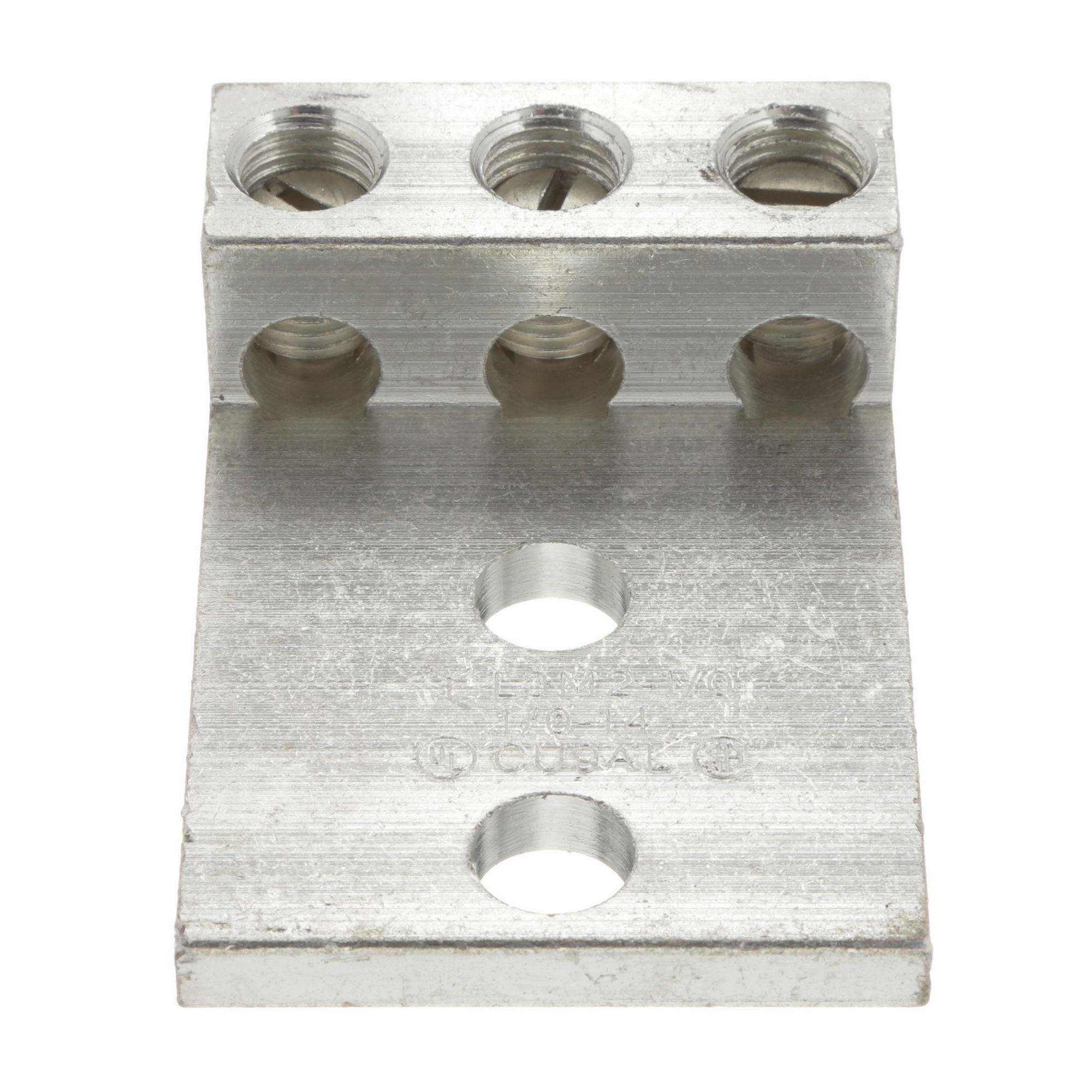 LAM3B1/0-38-6Y Pan-Lug 3-Barrel Mechanical Connector Lug, 14 to 1/0 AWG Aluminum/Copper/Stranded Conductor, 3/8 in Stud, 2 Bolt Holes, Aluminum