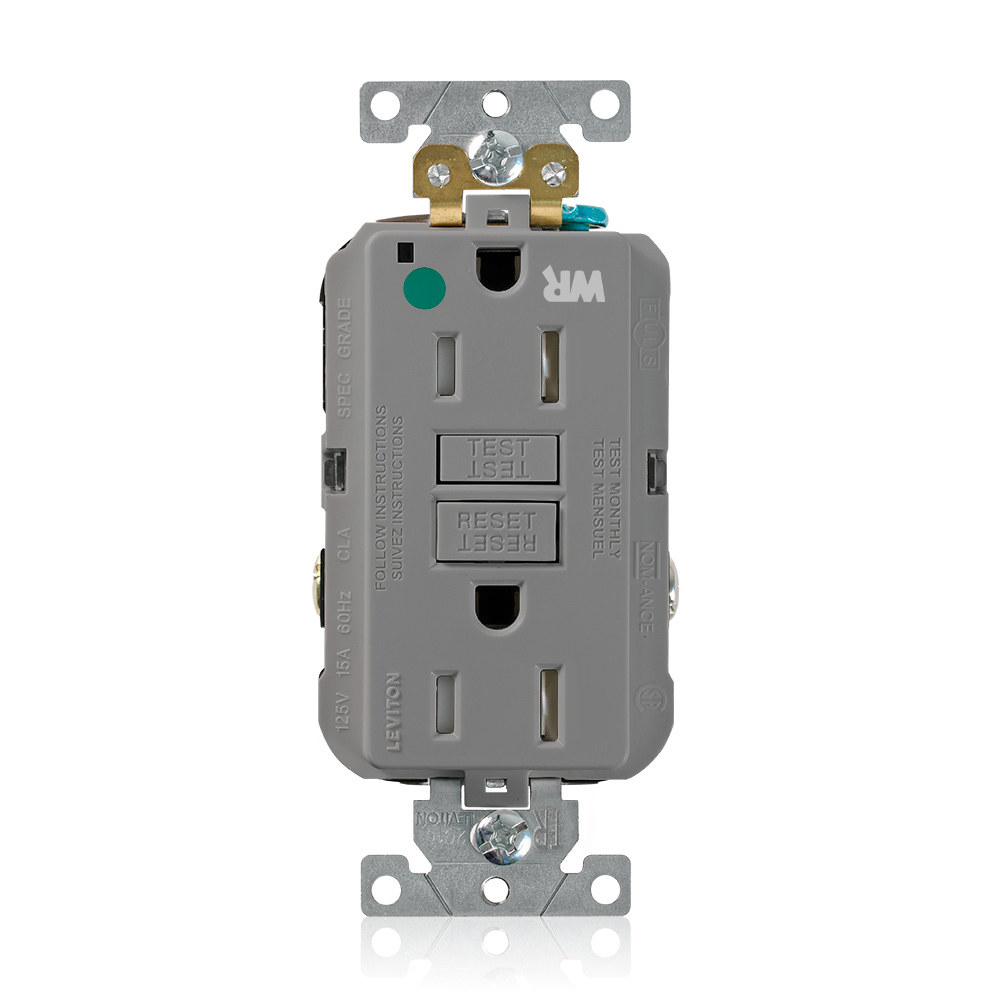 GFWT1-HGG SmartlockPro Duplex Feed Through Self-Test Slim Tamper/Weather Resistant GFCI Receptacle, 125 V AC, 20 A, 2 Poles, 3 Wires, Gray