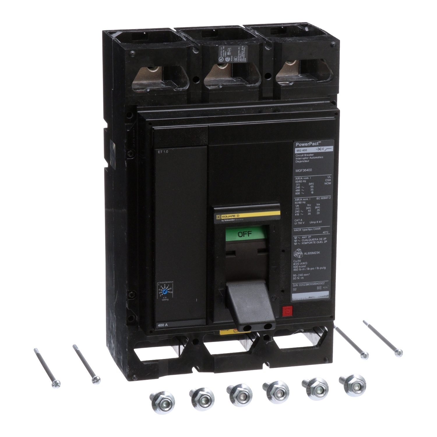 MGL36400 PowerPact MasterPact Type MGL Molded Case Circuit Breaker, 600 V AC/250 V DC, 400 A, 65 kA at 240 VAC/35 kA at 480 VAC/18 kA at 600 VAC Interrupt, 3 Poles, Electronic Trip
