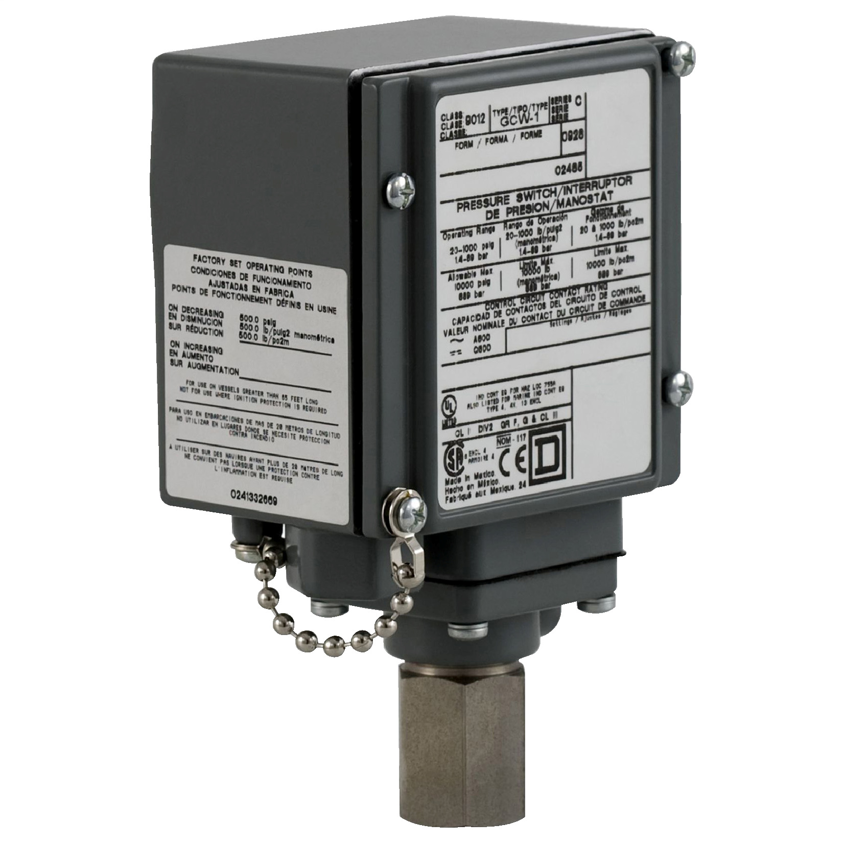9012GCW2G17 1-Stage Electromechanical Pressure Switch, 90 to 2900 psi Pressure, 170 to 560 psi Differential, 1CO SPDT-DB Contact, Screw Clamp Connection