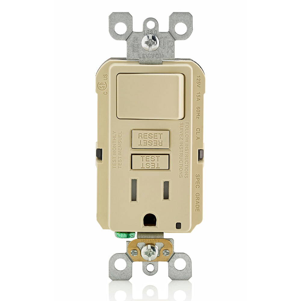 GFSW1-I SmartlockPro Slim GFCI Monochromatic Self-Test Single Slim Combination Switch and Receptacle With LED Indicator, 15 A, 125 V AC, 2 Poles, 3 Wires, 14 to 10 AWG Wire