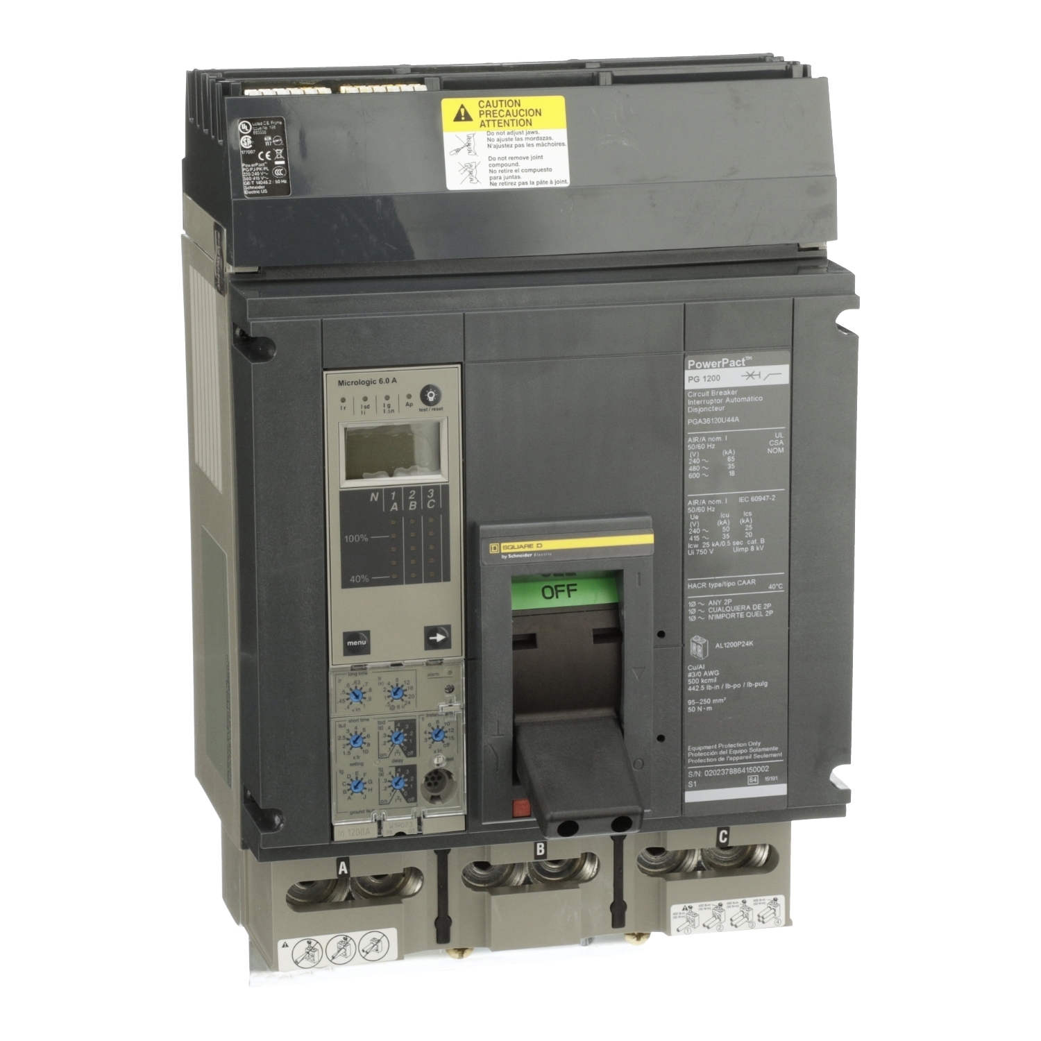 PGA36120U44A Molded Case Circuit Breaker, 1200 Amp, 3 Pole, 600V