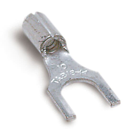 C10-8F Sta-Kon C Series Non-Insulated Fork Terminal, 12 to 10 AWG Conductor, 0.82 in L, Brazed Seam/Serrated Barrel, Copper, Metallic
