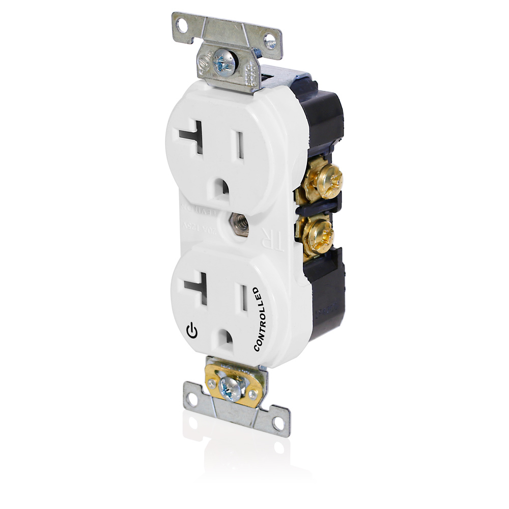TBR20-S1W Duplex Self-Grounding Tamper Resistant Straight Blade Receptacle With 1 Plug Controlled Markings, 125 V AC, 20 A, 2 Poles, 3 Wires, White