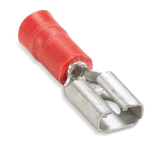 18RA-250F Sta-Kon Female Disconnect, 22 to 18 AWG Conductor, 0.25 in W x 0.032 in THK Tab, Brazed Seam Barrel, Brass, Red, Insulated