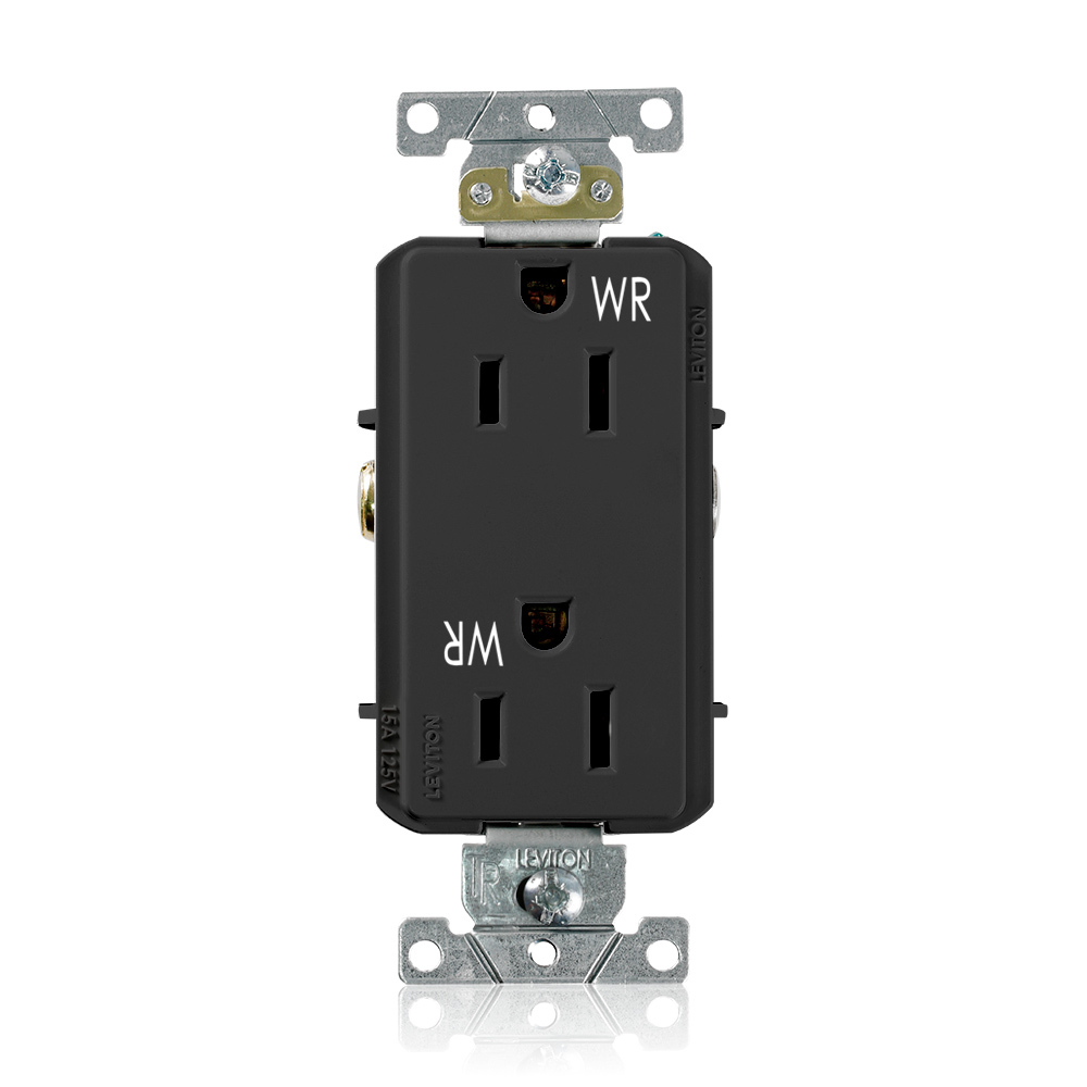WTD15-E Decora Plus Duplex Heavy Duty Self-Grounding Smooth Face Tamper-Resistant Weather-Resistant Straight Blade Receptacle, 125 V AC, 15 A, 2 Poles, 3 Wires, Black