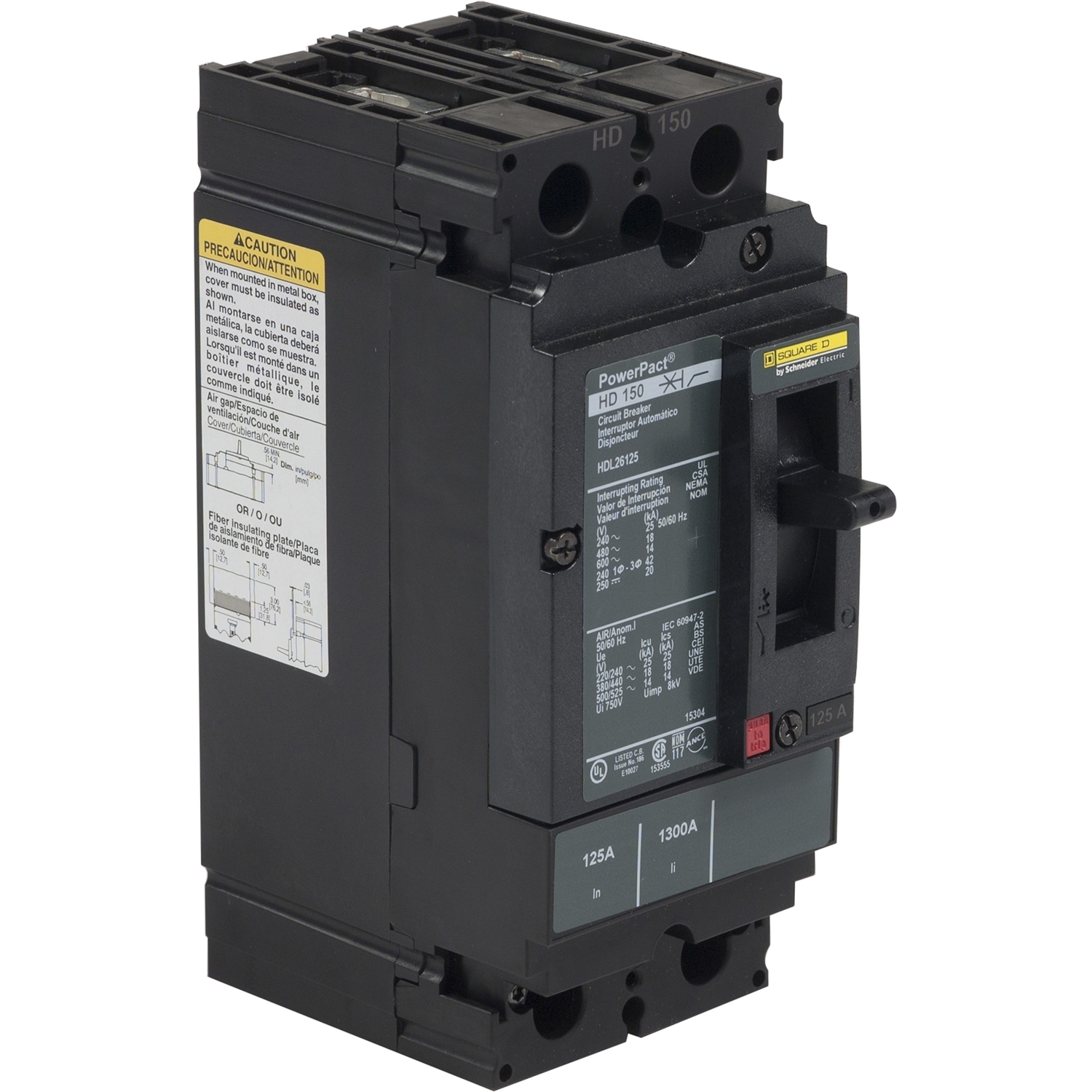 HGL26125 I-Line PowerPact H Type HGL Molded Case Circuit Breaker, 600 V AC/250 to 500 V DC, 125 A, 18/20/35/65 kA Interrupt, 2 Poles, Thermal Magnetic Trip