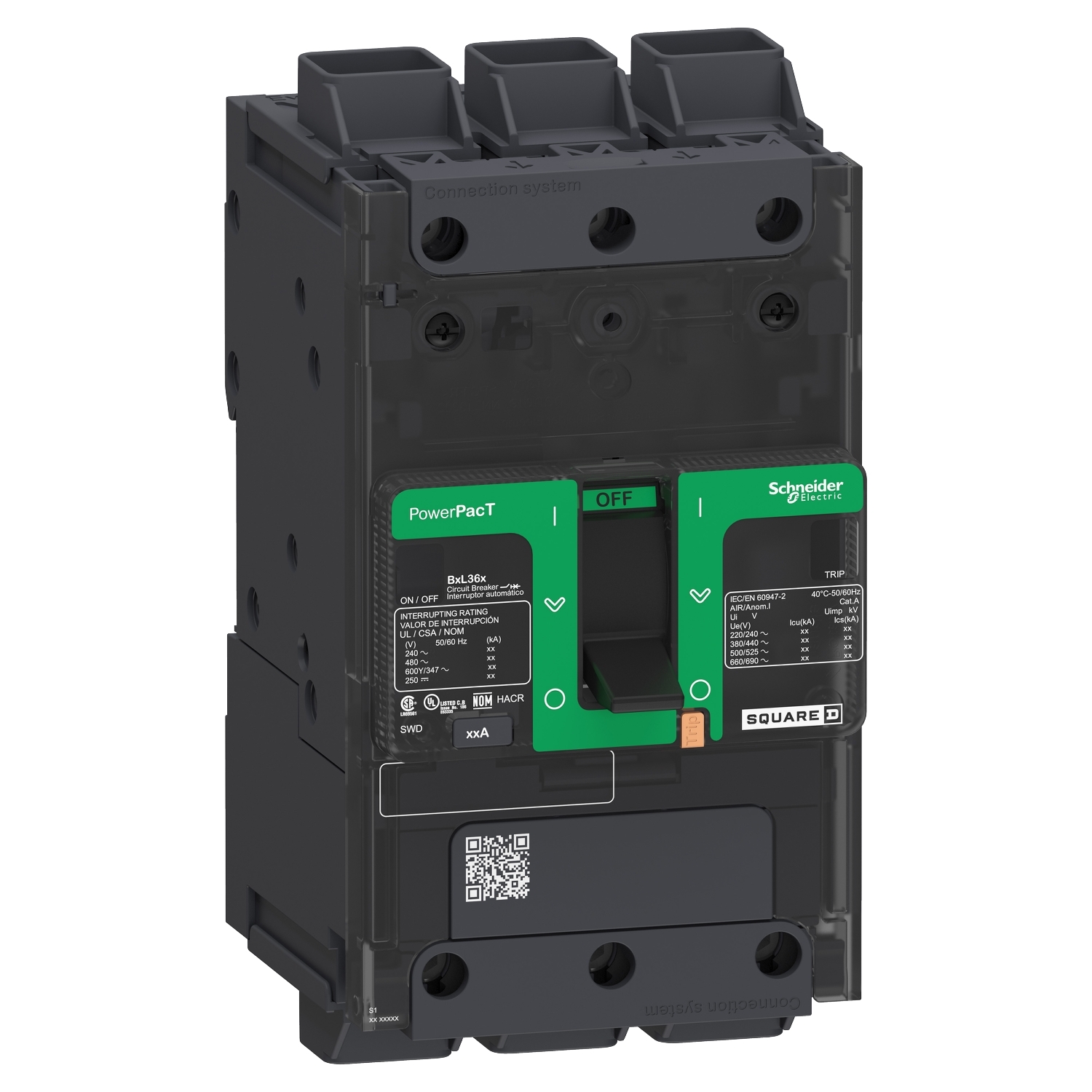 BJL36060 PowerPact EverLink Molded Case Circuit Breaker, 600Y/347 V AC, 60 A, 100 kA at 240 V AC, 65 kA at 480 V AC, 25 kA at 600Y/347 V AC Interrupt, 3 Poles, Thermal Magnetic Trip