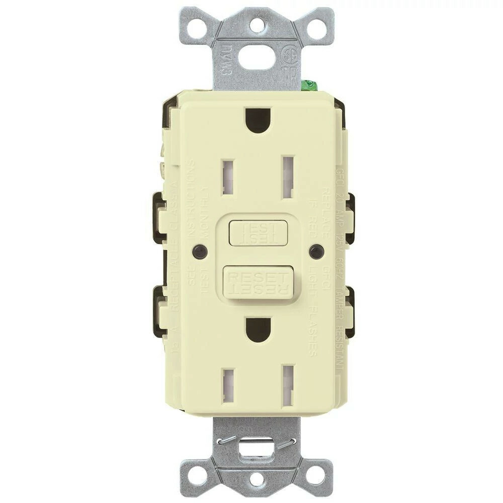 CAR-15-GFST-AL Claro Tamper-Resistant GFCI Duplex Receptacle, Decorator-Style Outlet, 15 Amp, Self-Testing, Gloss, Almond