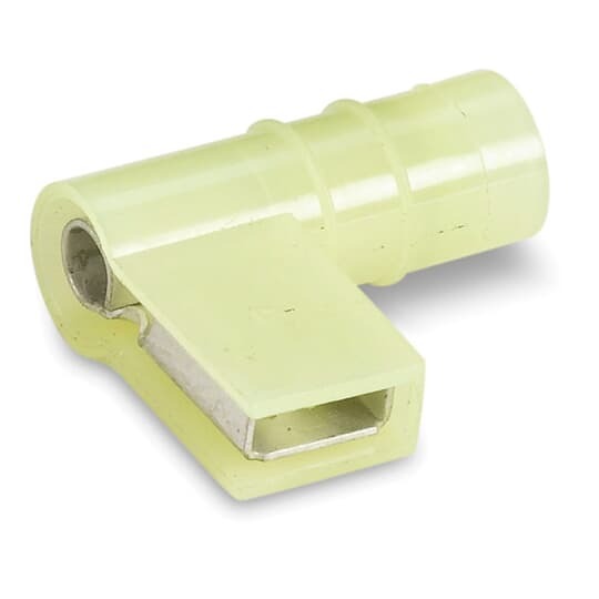 RC10-250A Sta-Kon 90 deg Flag Open Top Female Disconnect, 12 to 10 AWG Conductor, 0.25 in W x 0.032 in THK Tab, Brazed Seam Barrel, Brass, Yellow, Insulated