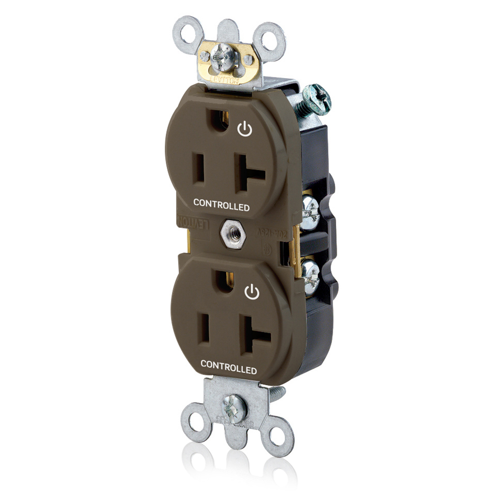 5362-S2 Heavy Duty Narrow Body Straight Blade Duplex Receptacle With 2 Plug Controlled Markings, 125 V AC, 20 A, 2 Poles, 3 Wires, Brown