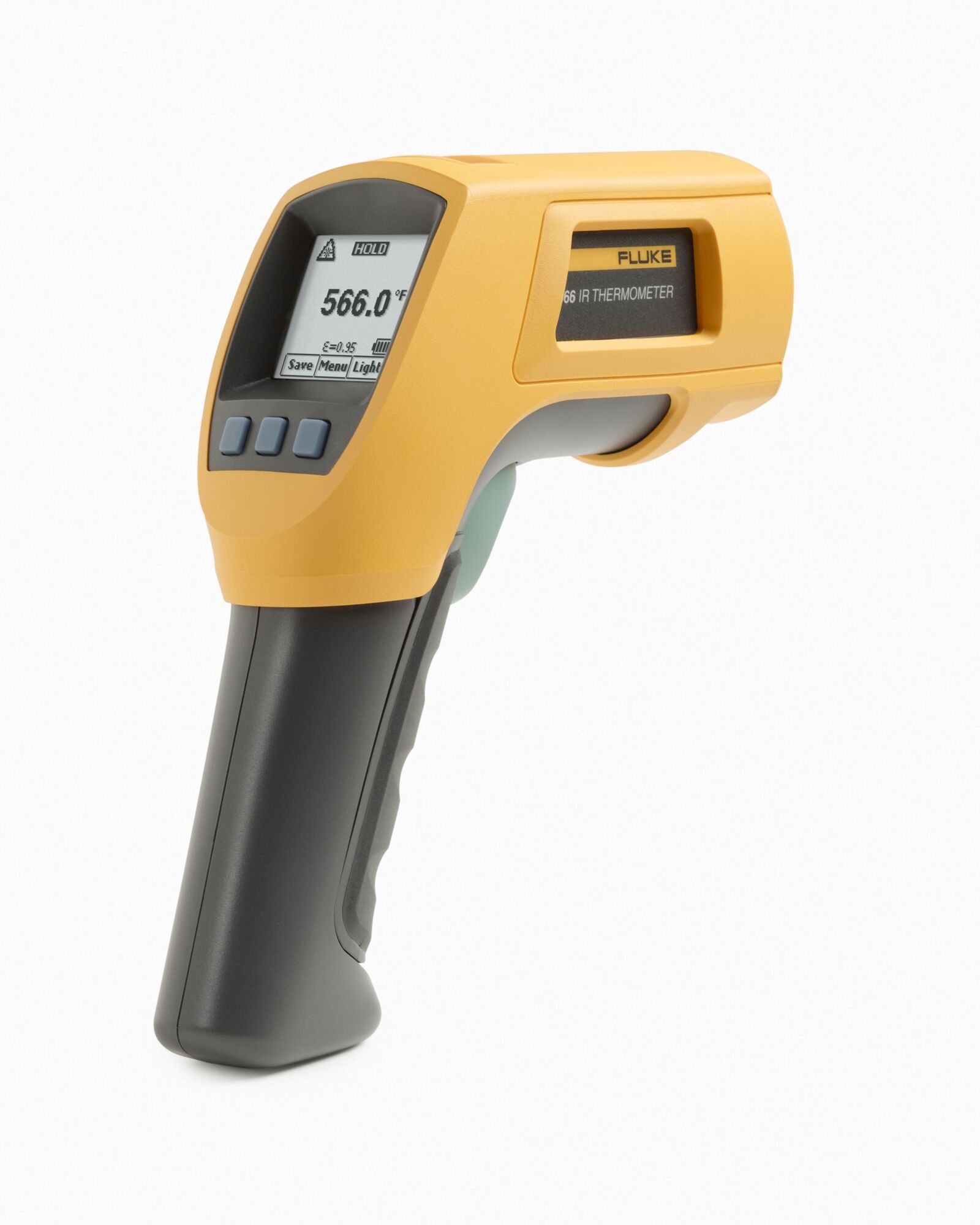 FLUKE-566 Infrared and Contact Thermometer, -40 to 1202 deg F, +/- 1%, 1 in at 30 in Focus Spot, 0.1 to 1 u, AA Battery