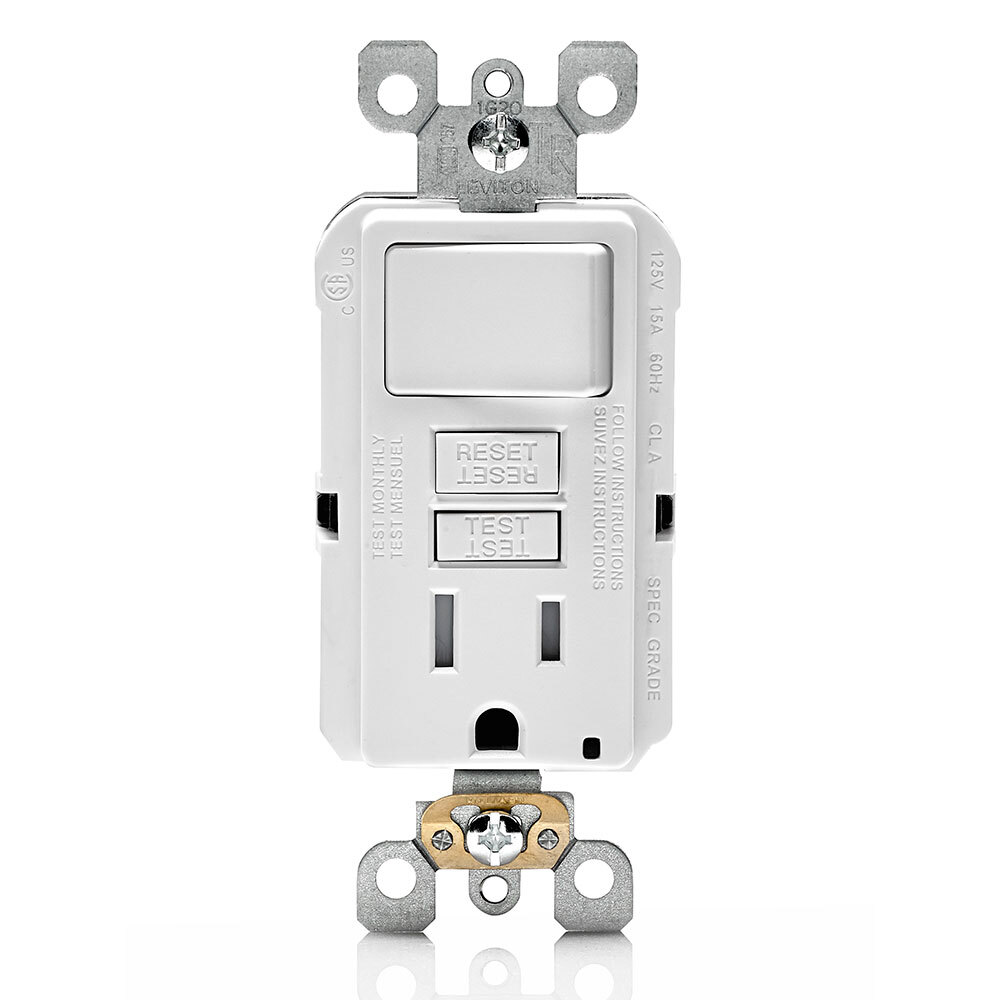 GFSW1-W SmartlockPro Slim GFCI Monochromatic Self-Test Single Slim Combination Switch and Receptacle With LED Indicator, 15 A, 125 V AC, 2 Poles, 3 Wires, 14 to 10 AWG Wire