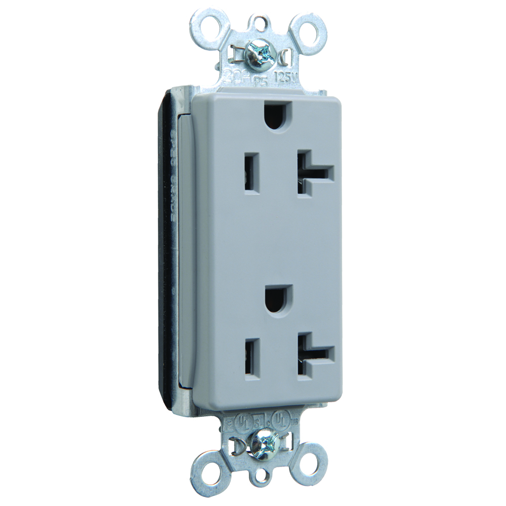 PT26352GRY PlugTail 20 Amp 125V Spec-Grade Decorator Duplex Receptacle, Gray