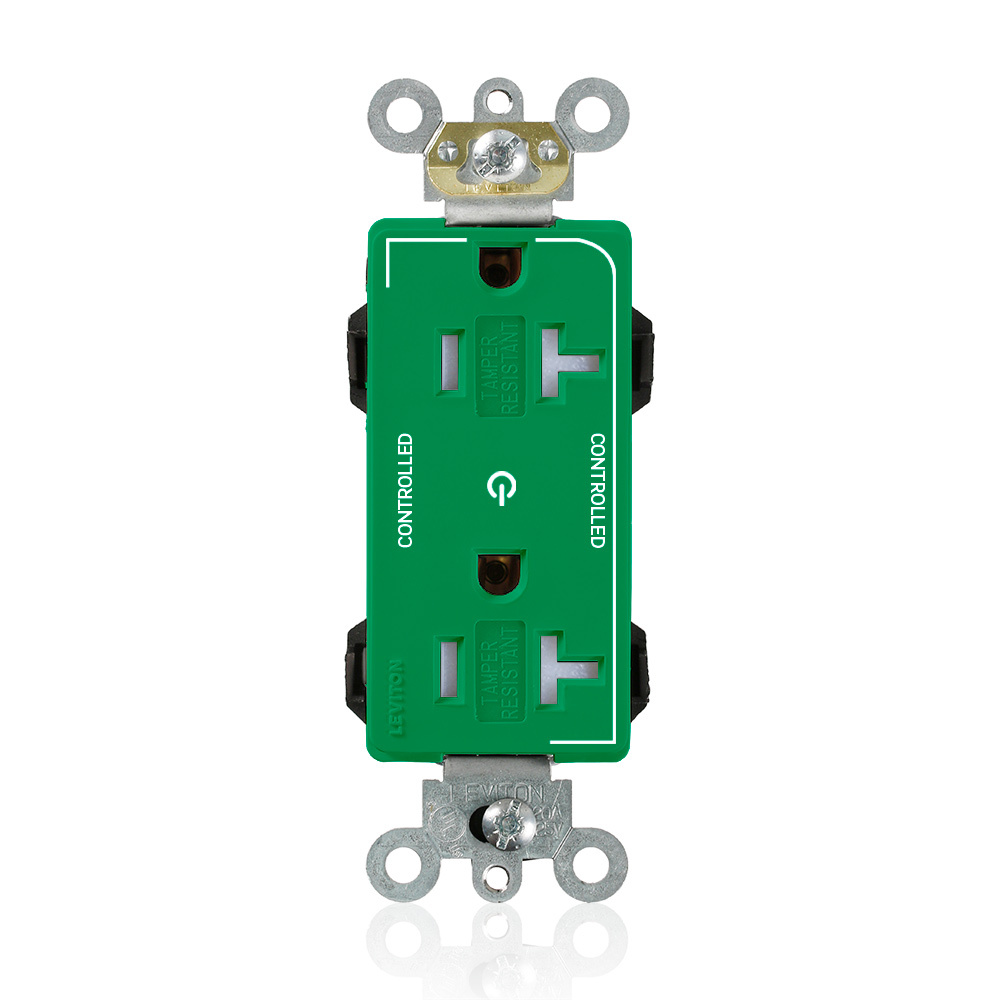MT163-2GN Decora Plus Lev-Lok Duplex Heavy Duty Self-Grounding Smooth Face Tamper-Resistant Straight Blade Receptacle, 125 V AC, 20 A, 2 Poles, 3 Wires, Green