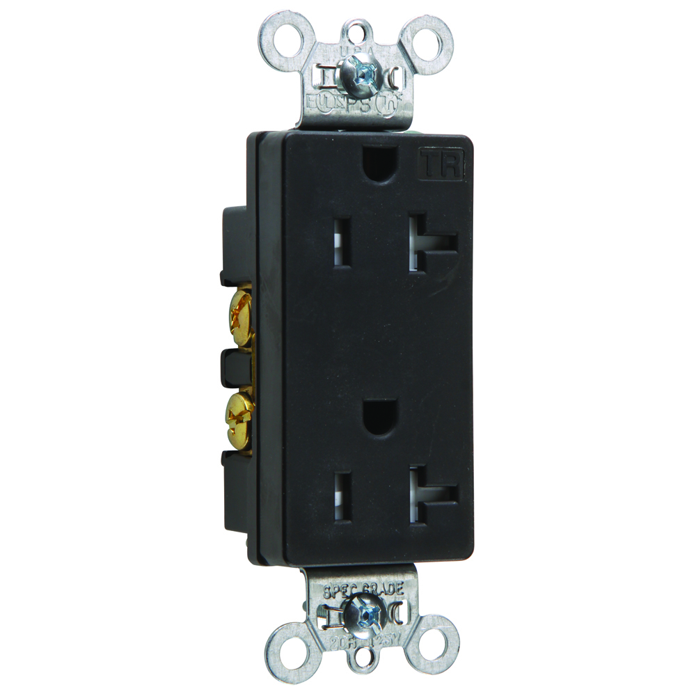 TR26362BK 20 Amp 125V  Decorator Duplex Receptacle, Back and Side Wire, Black