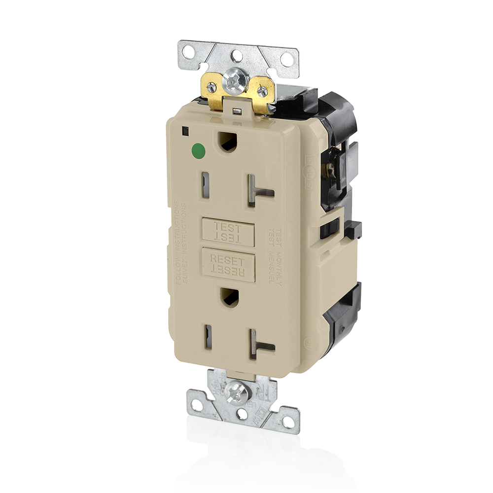 MGFT2-HGI SmartlockPro Slim Feed-Through Self-Test Tamper-Resistant GFCI Receptacle, 125 V AC, 20 A, 2 Poles, 3 Wires, Ivory