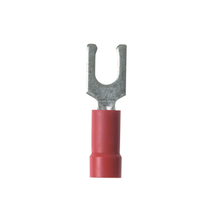 Pan-Term PV18-6LF-MY Fork Terminal, Red, Vinyl, 18-22 AWG, #6 Stud, PK1000