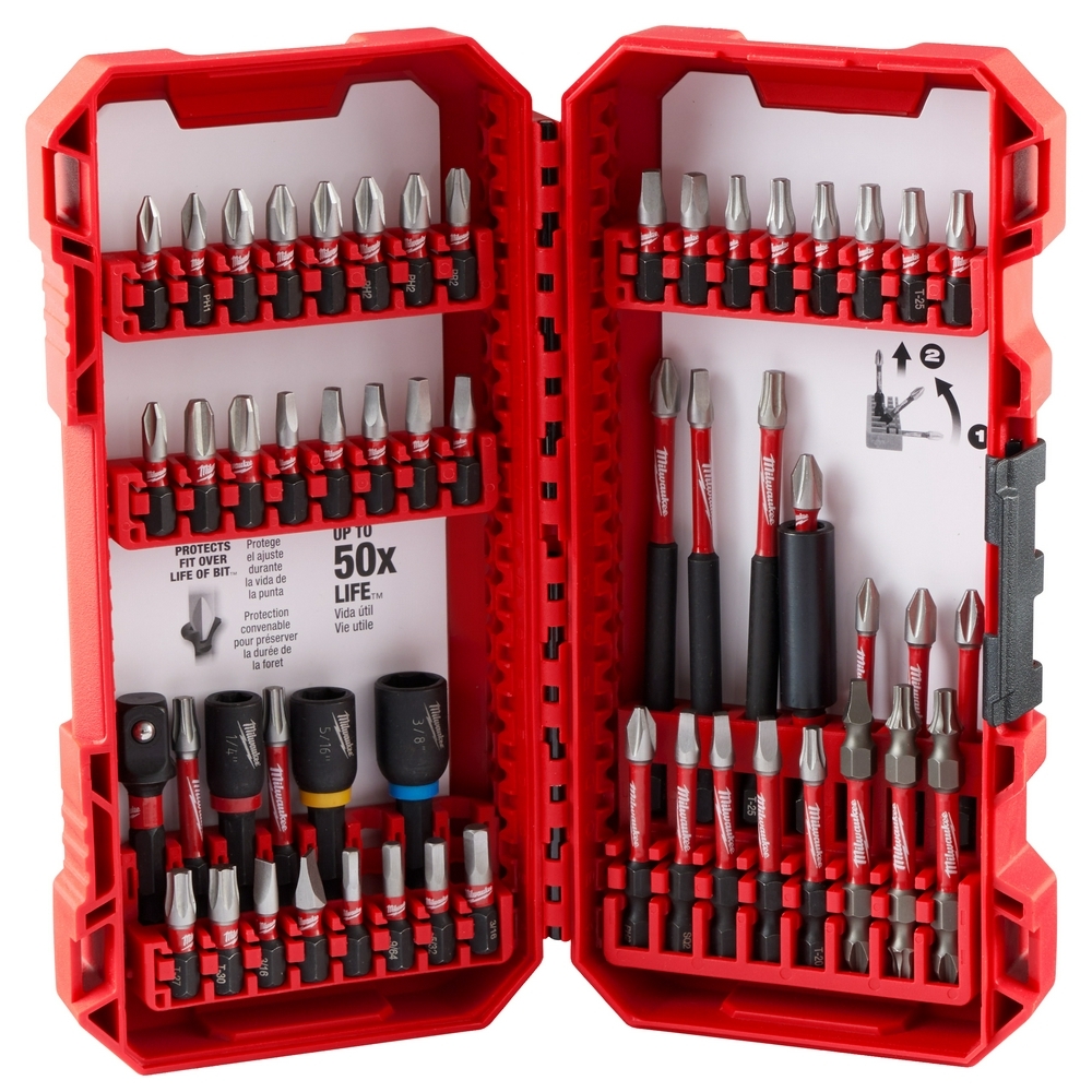 48-32-4010 SHOCKWAVE 54-Piece Bit Set, P1, P2,PR1, P3, SQ1, SQ4, SQ3, T15, T20, T25, T27, T30, SL#8, SL#10, 1/8 in, 9/64 in, 5/32 in, 3/16 in, SQ2, 3.5 in, 1-7/8 in, 1/4 in, 5/16, 3/8 in, 1/4 in Point Hex Point, 1/4 in, Alloy Steel