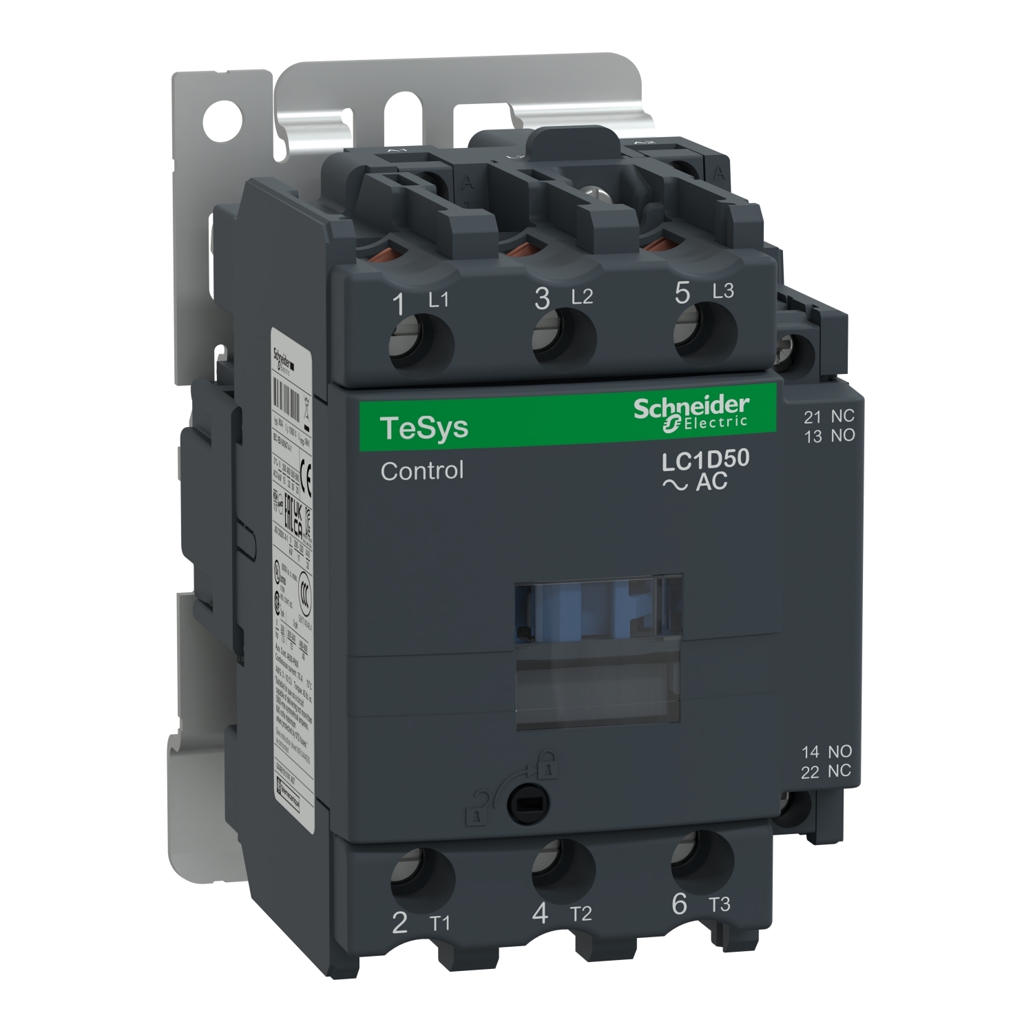 LC1D50LE7 TeSys D TeSys D LC1D IEC Contactor With Protective Cover, 208 VAC V Coil, 50/80 A, 3NO Contact, 3 Poles
