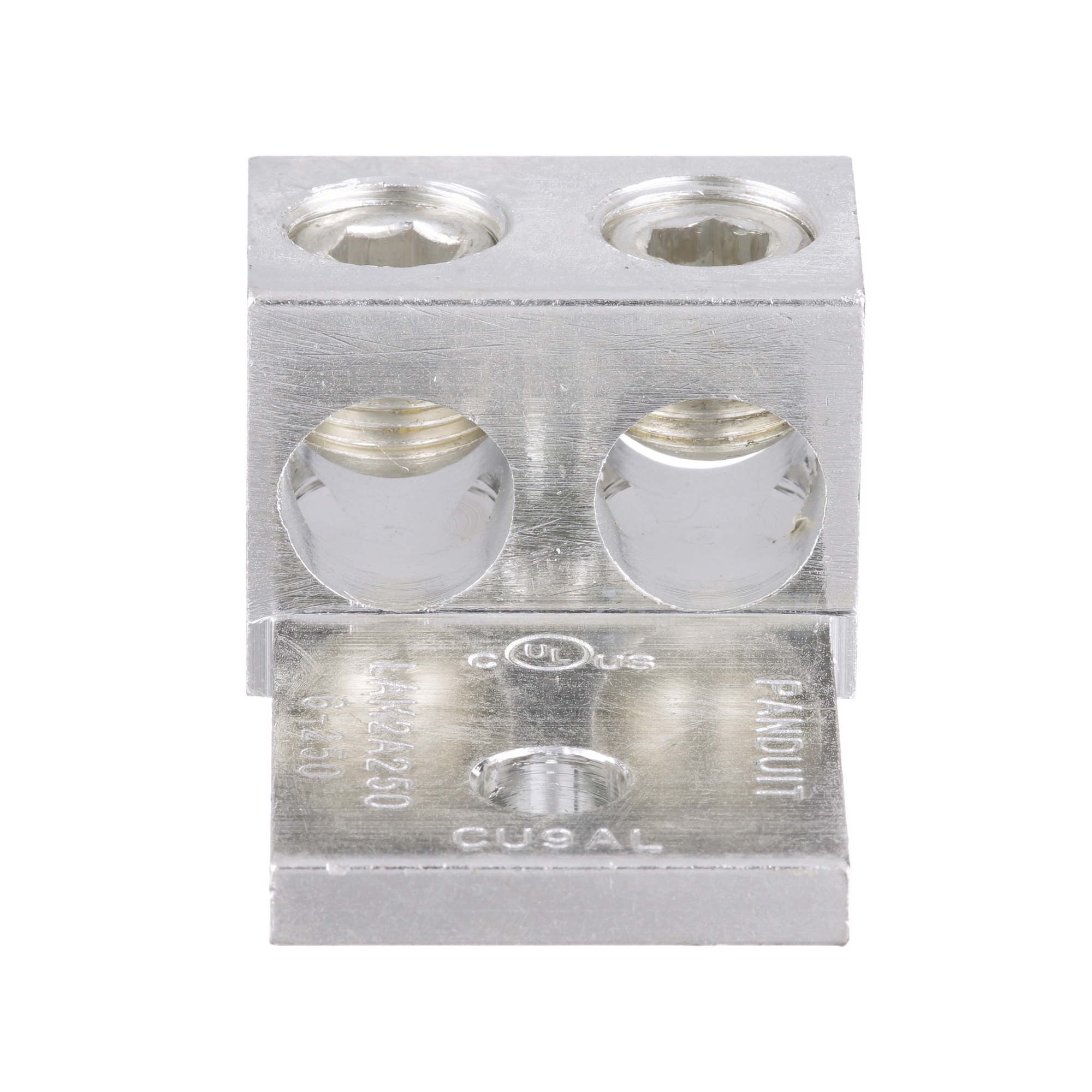 LAM2A250-38-6Y Pan-Lug 2-Barrel Mechanical Connector Lug, 6 AWG to 250 kcmil Aluminum/Copper/Stranded Conductor, 3/8 in Stud, 1 Bolt Holes, Aluminum