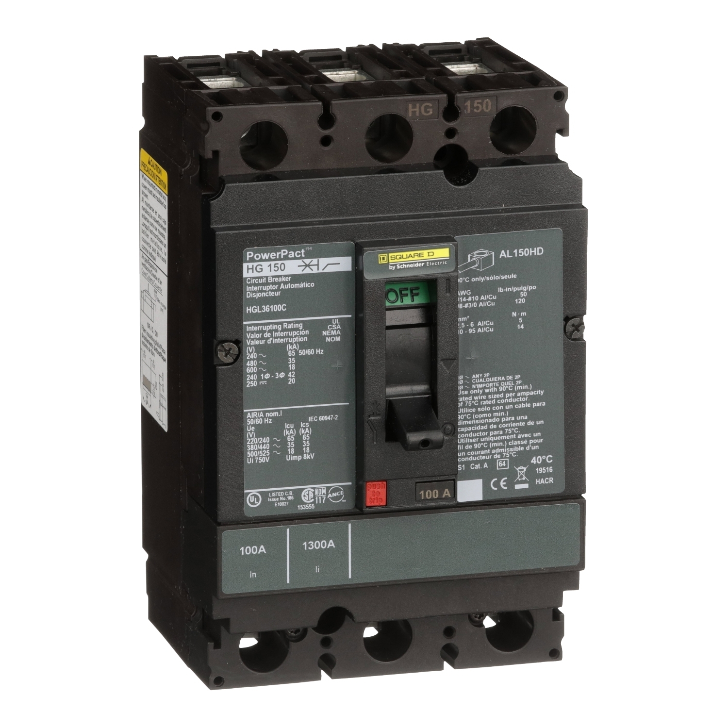 HGL36100C I-Line PowerPact H Type HGL Molded Case Circuit Breaker, 600 VAC, 250 to 500 VDC, 100 A, 18/20/35/65 kA Interrupt, 3 Poles, Thermal Magnetic Trip